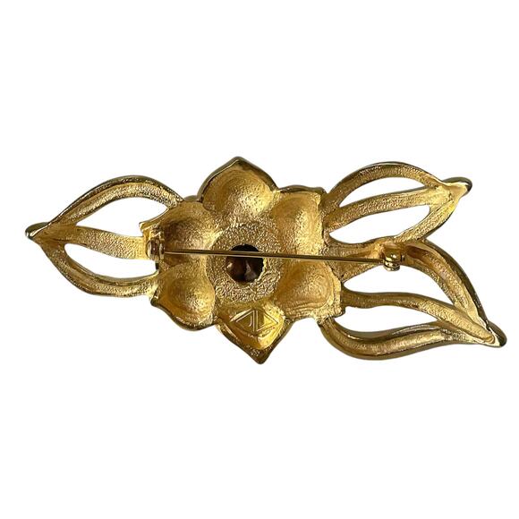 1990s JJ Jonette Mixed Metal Satin Gold Plate Flower Vintage Figural Pin Brooch - Picture 2 of 3
